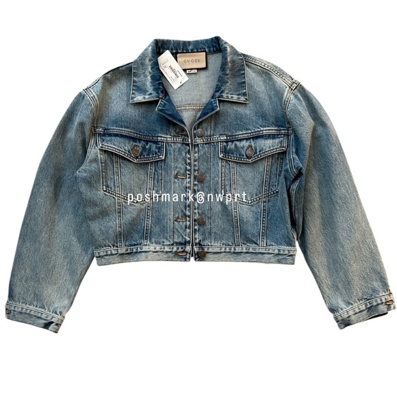 NWT ⚡️ GUCCI Denim Jacket Bolt Graphic Logo Cropped Blue Jean 38 XS S 0 2 4 - Picture 3 of 12
